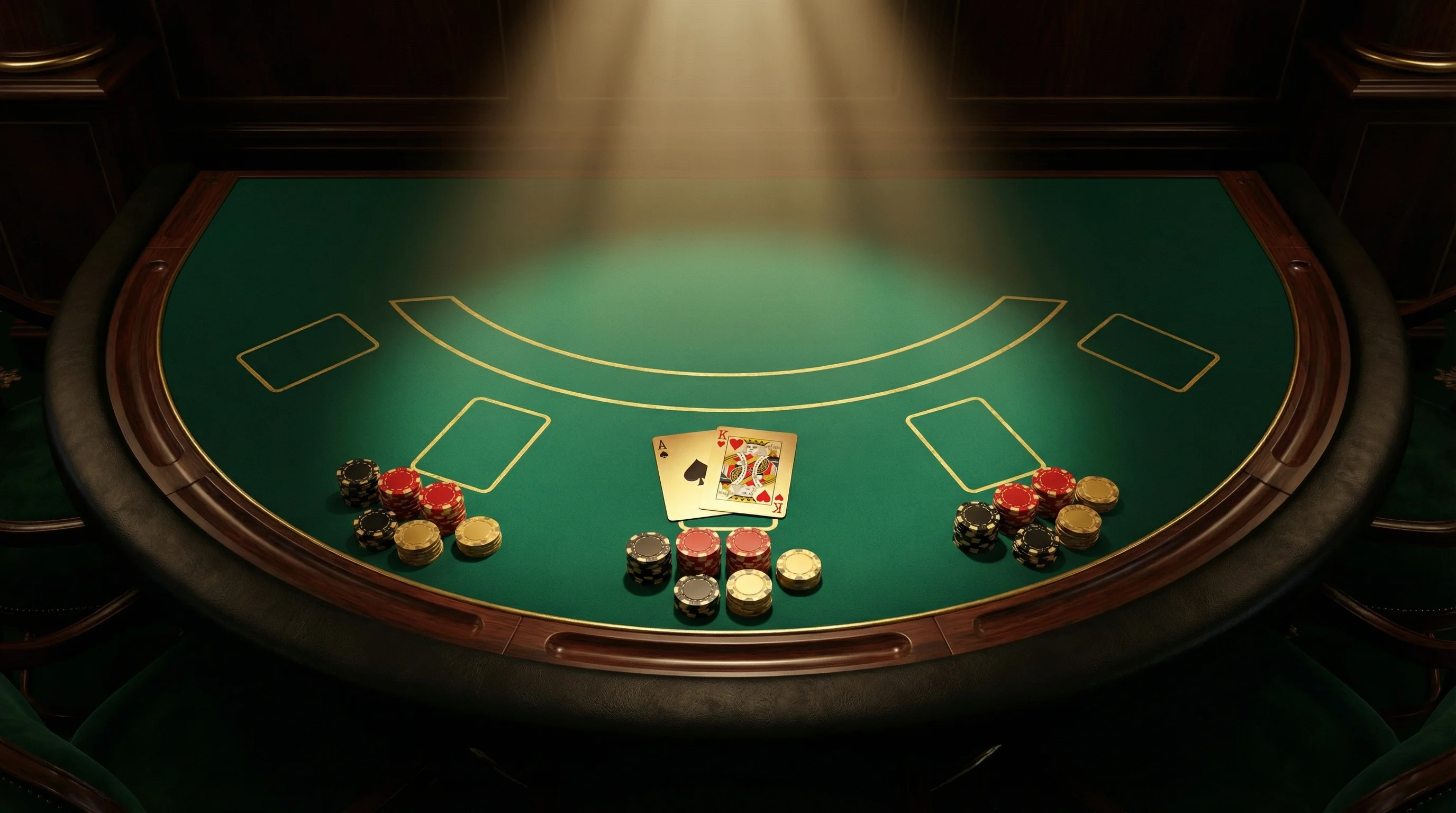 Mesa de blackjack profesional con cartas y fichas de casino